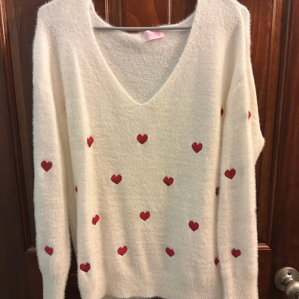 Pink Lily White V-Neck Sweater with Red Heart Details